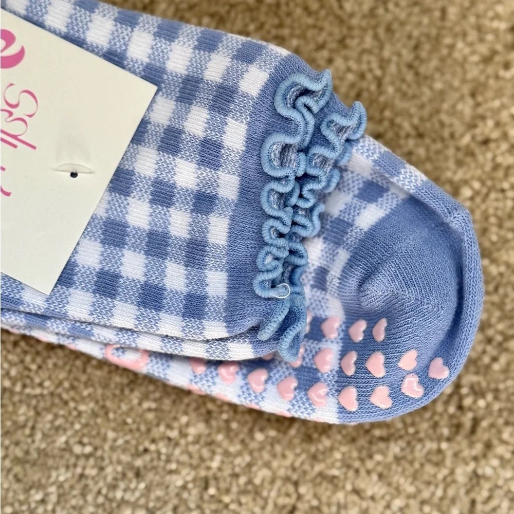NWT Stollie Grip Socks Blue and Pink Checkered Pilates Yoga Barre